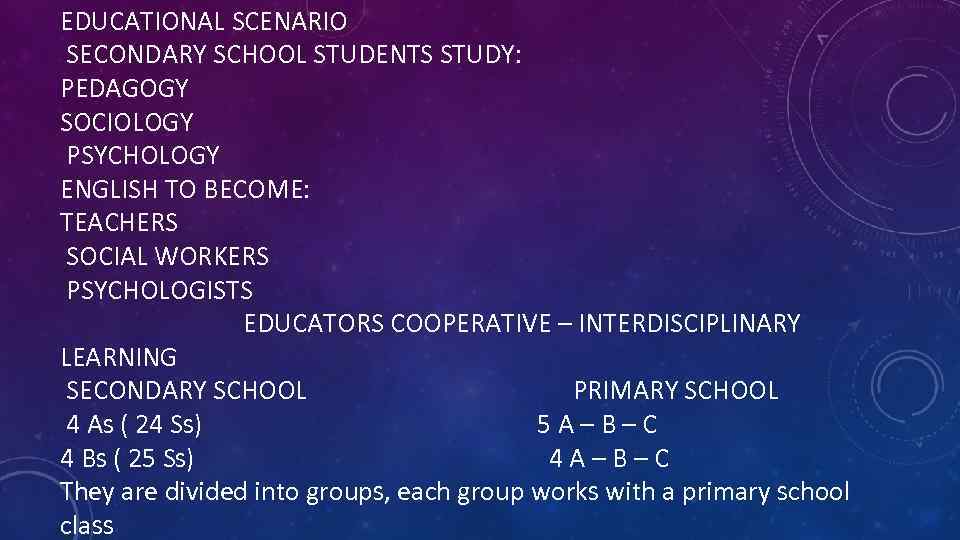 EDUCATIONAL SCENARIO SECONDARY SCHOOL STUDENTS STUDY: PEDAGOGY SOCIOLOGY PSYCHOLOGY ENGLISH TO BECOME: TEACHERS SOCIAL