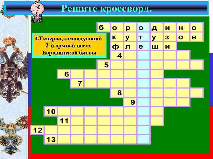 Решите кроссворд. 4. Генерал, командующий 2 -й армией после Бородинской битвы 