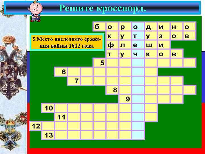 Решите кроссворд. 5. Место последнего сражения войны 1812 года. 