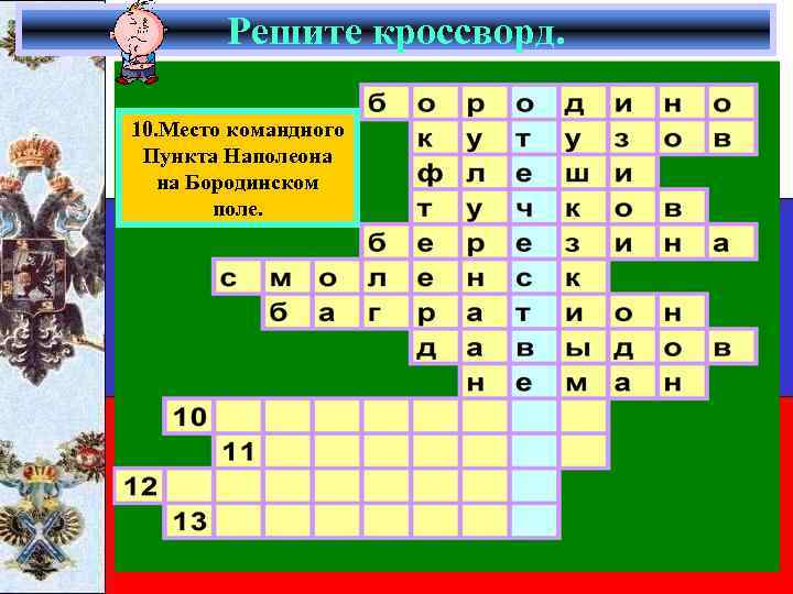 Решите кроссворд. 10. Место командного Пункта Наполеона на Бородинском поле. 