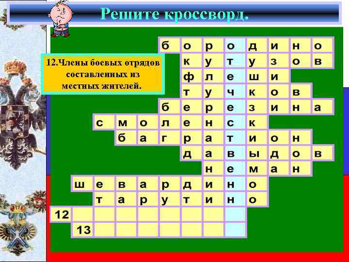 Решите кроссворд. 12. Члены боевых отрядов составленных из местных жителей. 