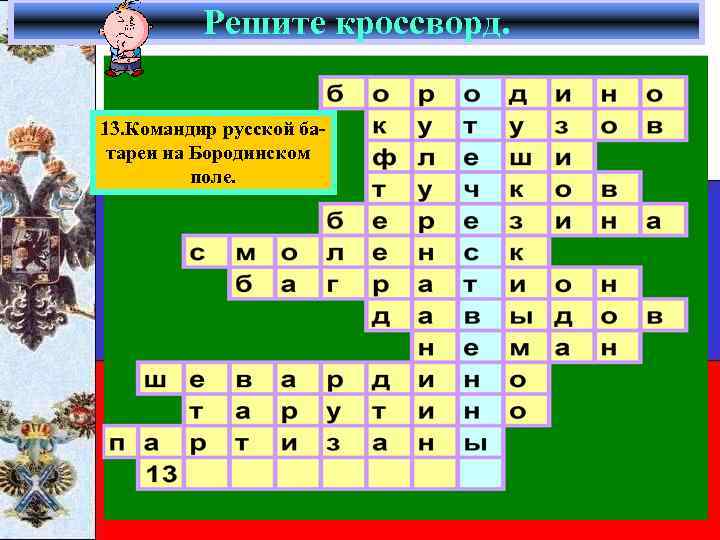 Решите кроссворд. 13. Командир русской батареи на Бородинском поле. 