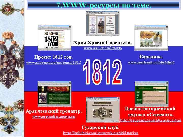 7. WWW-ресурсы по теме. Храм Христа Спасителя. www. xxc. ru/index. asp Проект 1812 год.