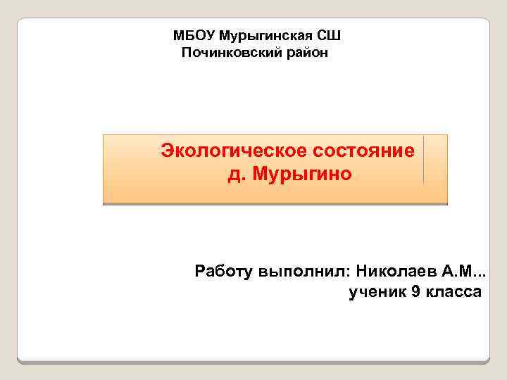 МБОУ Мурыгинская СШ Починковский район Экологическое состояние д. Мурыгино Работу выполнил: Николаев А. М.