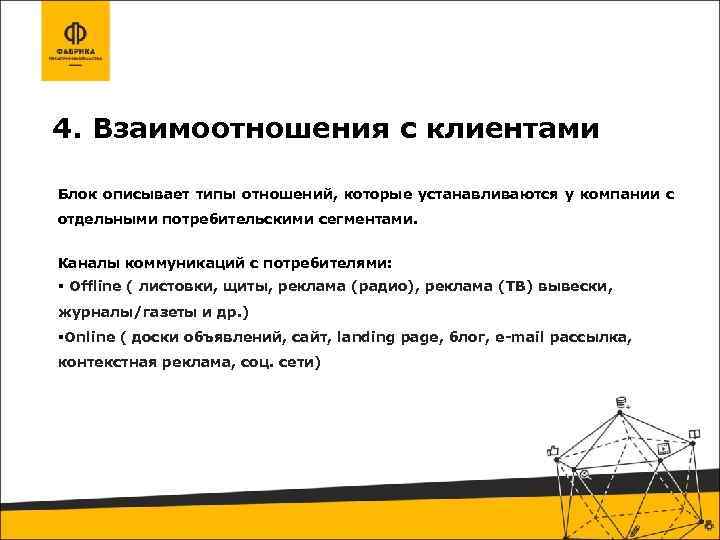 4. Взаимоотношения с клиентами Блок описывает типы отношений, которые устанавливаются у компании с отдельными