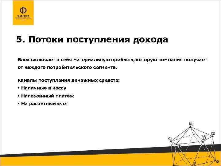 5. Потоки поступления дохода Блок включает в себя материальную прибыль, которую компания получает от