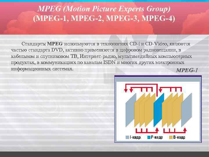 MPEG (Motion Picture Experts Group) (MPEG-1, MPEG-2, MPEG-3, MPEG-4) Стандарты MPEG используются в технологиях