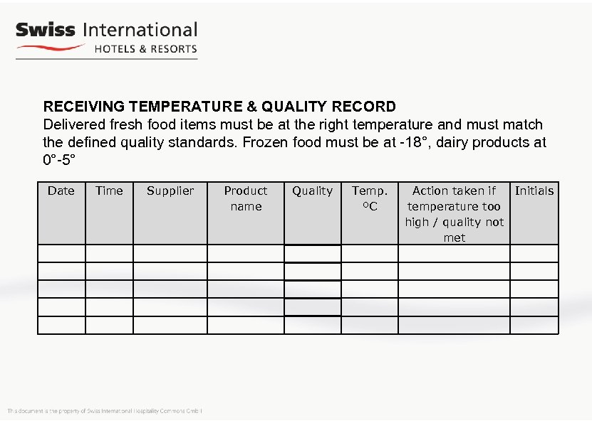 RECEIVING TEMPERATURE & QUALITY RECORD Delivered fresh food items must be at the right