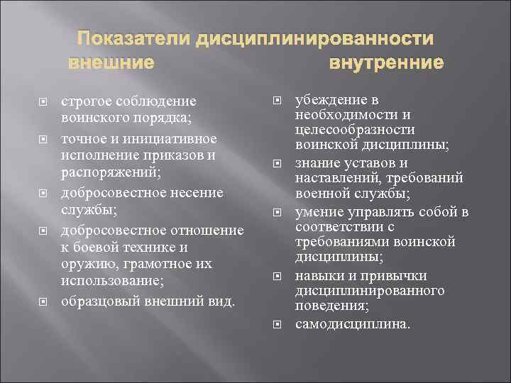 Показатели дисциплинированности внешние внутренние строгое соблюдение воинского порядка; точное и инициативное исполнение приказов и