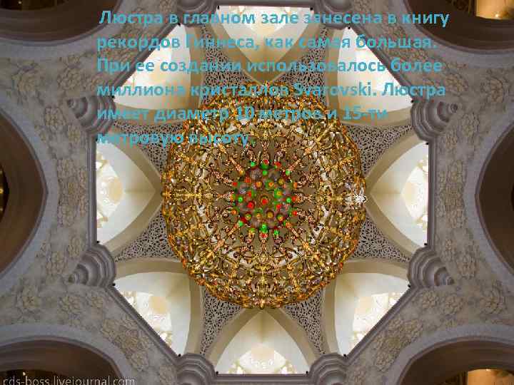 Люстра в главном зале занесена в книгу рекордов Гиннеса, как самая большая. При ее