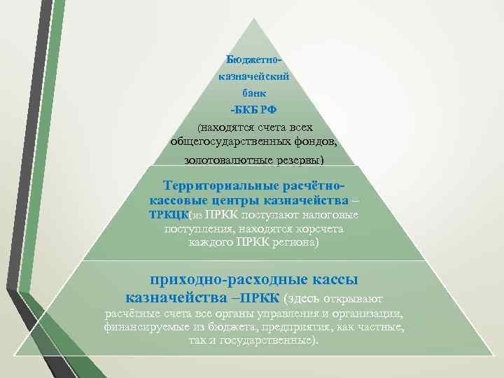 Бюджетноказначейский банк -БКБ РФ (находятся счета всех общегосударственных фондов, золотовалютные резервы) Территориальные расчётнокассовые центры