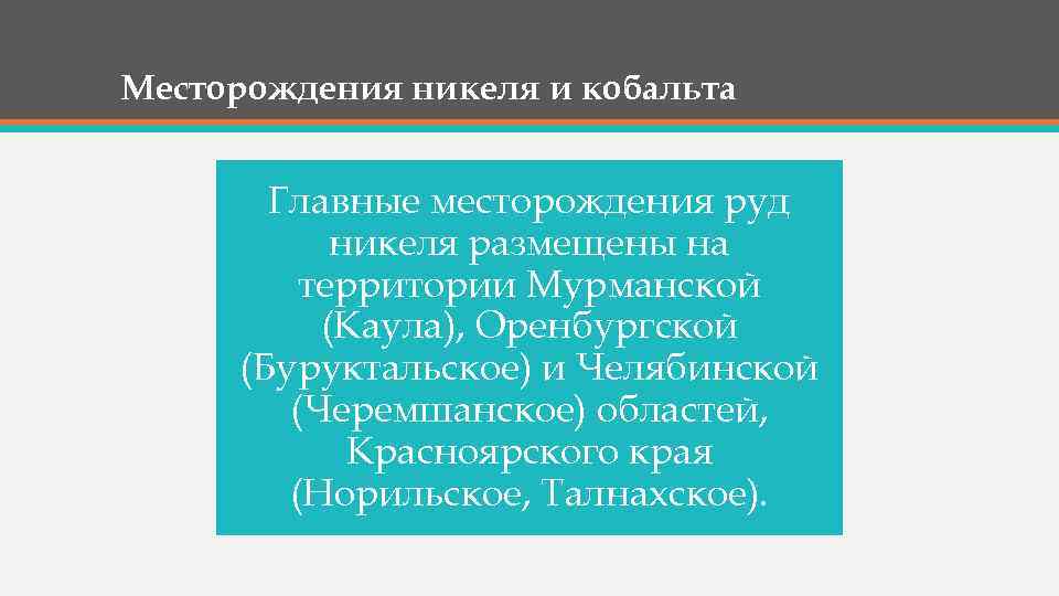 Месторождения никеля и кобальта Главные месторождения руд никеля размещены на территории Мурманской (Каула), Оренбургской