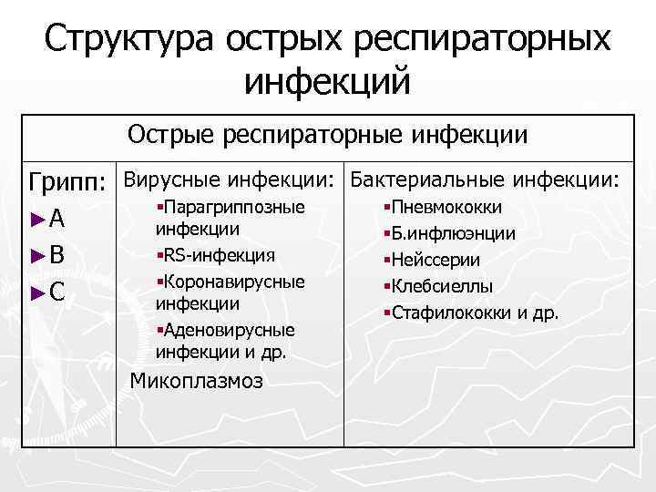 Структура острых респираторных инфекций Острые респираторные инфекции Грипп: Вирусные инфекции: Бактериальные инфекции: §Парагриппозные §Пневмококки