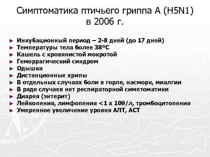 Симптоматика птичьего гриппа А (H 5 N 1) в 2006 г. ► ► ►