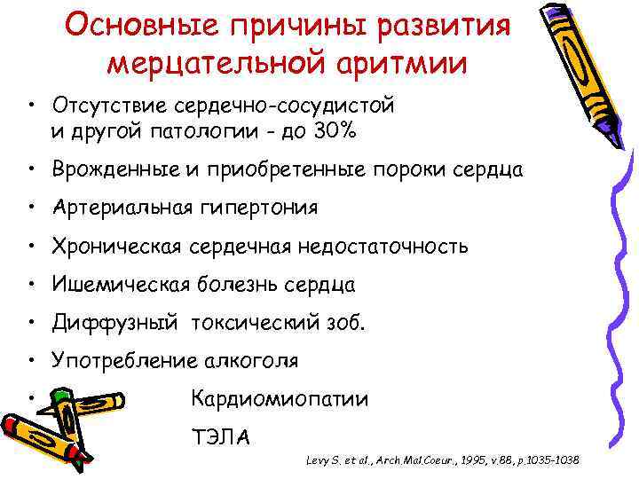Основные причины развития мерцательной аритмии • Отсутствие сердечно-сосудистой и другой патологии - до 30%