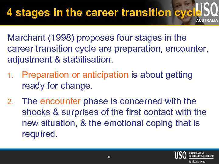 4 stages in the career transition cycle Marchant (1998) proposes four stages in the