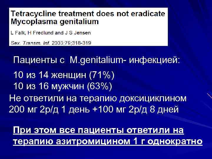 Пациенты с M. genitalium- инфекцией: 10 из 14 женщин (71%) 10 из 16 мужчин