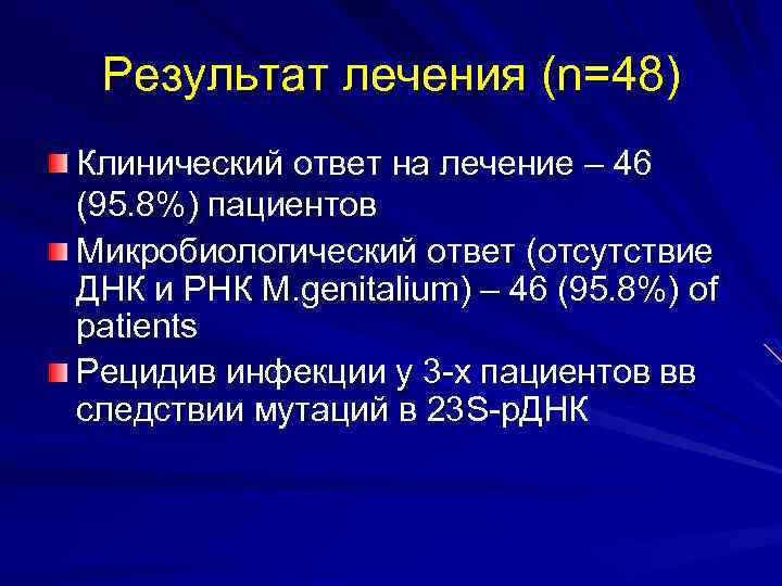 Результат лечения (n=48) Клинический ответ на лечение – 46 (95. 8%) пациентов Микробиологический ответ