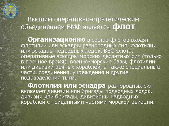 Высшим оперативно-стратегическим объединением ВМФ является флот. Организационно в состав флотов входят флотилии или эскадры