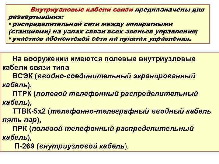 Внутриузловые кабели связи предназначены для развертывания: • распределительной сети между аппаратными (станциями) на узлах