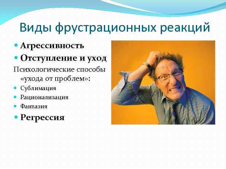Виды фрустрационных реакций Агрессивность Отступление и уход Психологические способы «ухода от проблем» : Сублимация