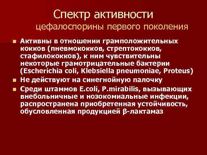 Спектр активности цефалоспорины первого поколения Активны в отношении грамположительных кокков (пневмококков, стрептококков, стафилококков), к
