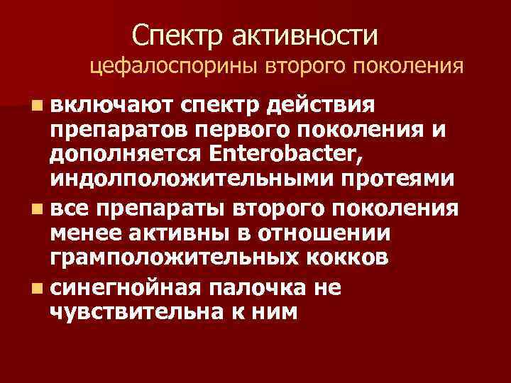 Спектр активности цефалоспорины второго поколения n включают спектр действия препаратов первого поколения и дополняется
