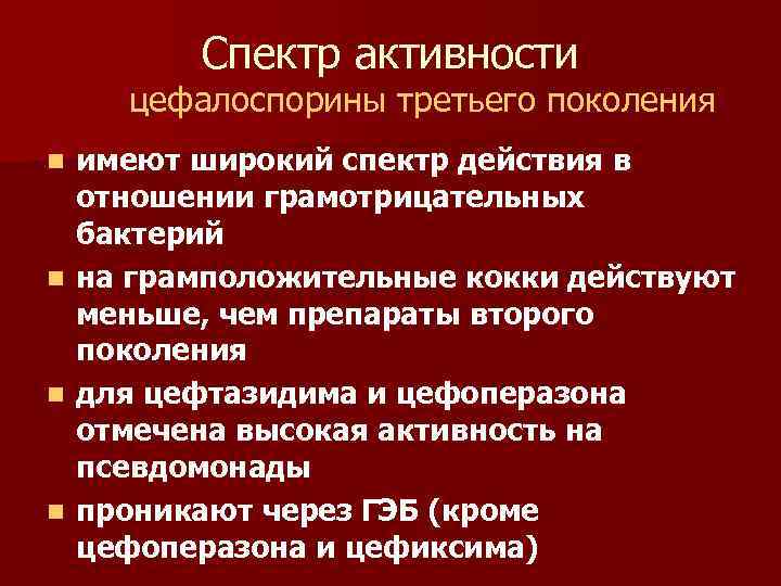 Спектр активности цефалоспорины третьего поколения имеют широкий спектр действия в отношении грамотрицательных бактерий n