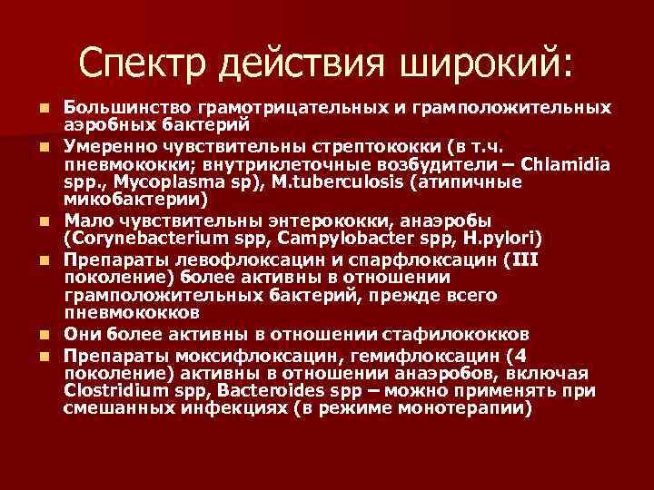 Спектр действия широкий: n n n Большинство грамотрицательных и грамположительных аэробных бактерий Умеренно чувствительны