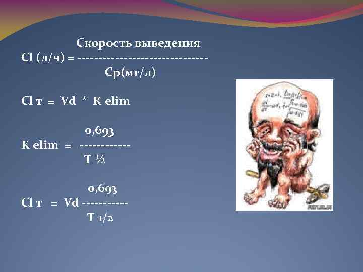 Скорость выведения Cl (л/ч) = ---------------Ср(мг/л) Сl т = Vd * К elim 0,