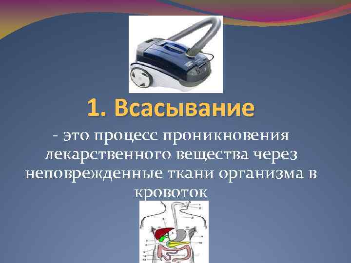 1. Всасывание - это процесс проникновения лекарственного вещества через неповрежденные ткани организма в кровоток