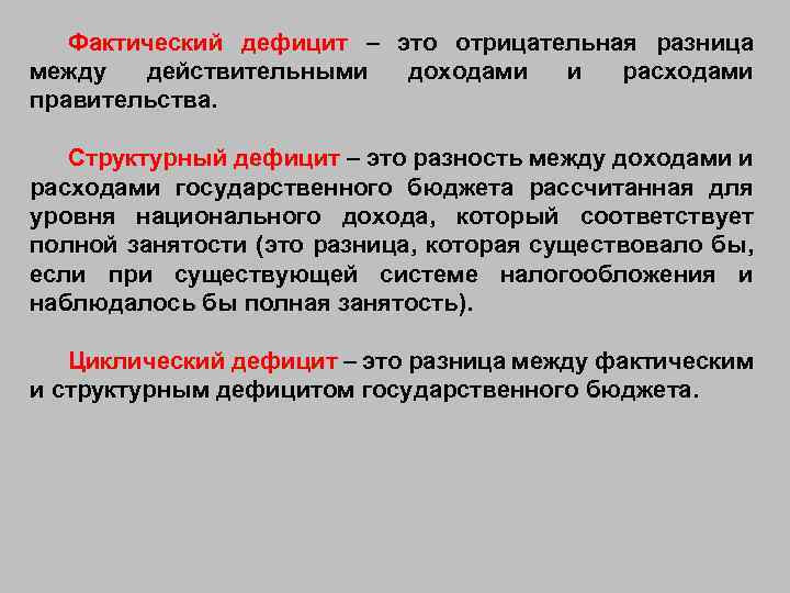 Фактический дефицит – это отрицательная разница между действительными доходами и расходами правительства. Структурный дефицит