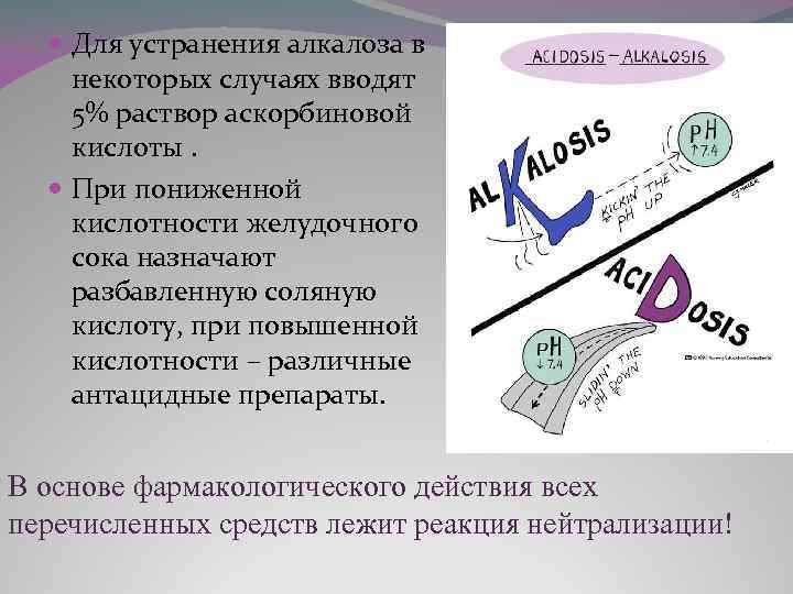  Для устранения алкалоза в некоторых случаях вводят 5% раствор аскорбиновой кислоты. При пониженной