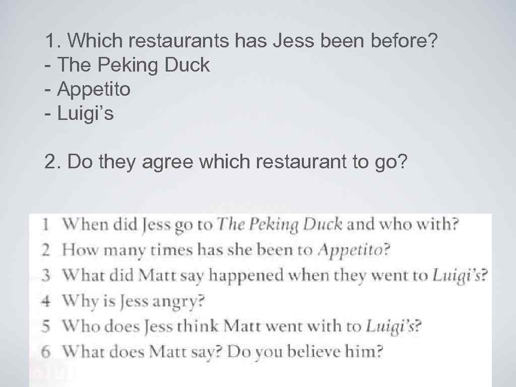 1. Which restaurants has Jess been before? - The Peking Duck - Appetito -