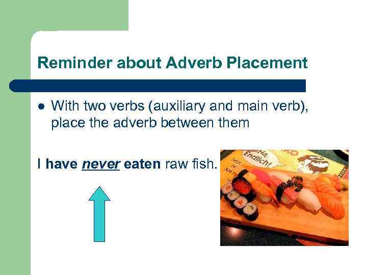 Reminder about Adverb Placement l With two verbs (auxiliary and main verb), place the