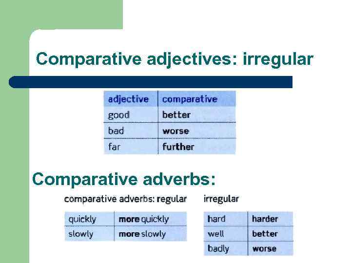 Comparative adjectives: irregular Comparative adverbs: 