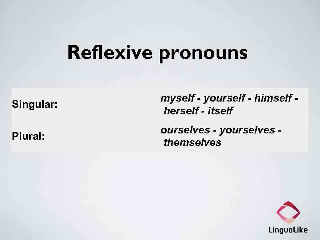 Reflexive pronouns Singular: myself - yourself - himself herself - itself Plural: ourselves -