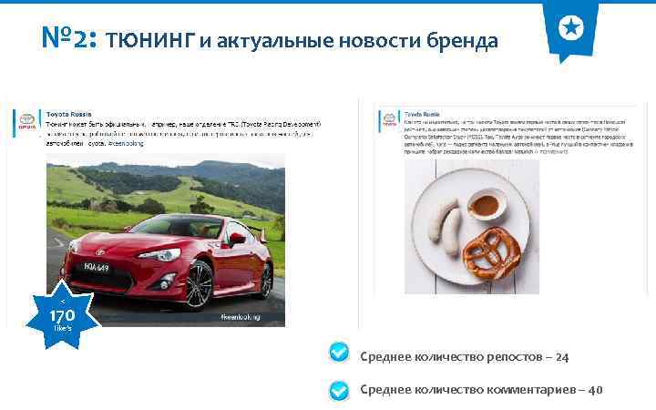 № 2: ТЮНИНГ и актуальные новости бренда < 170 like’s Среднее количество репостов –