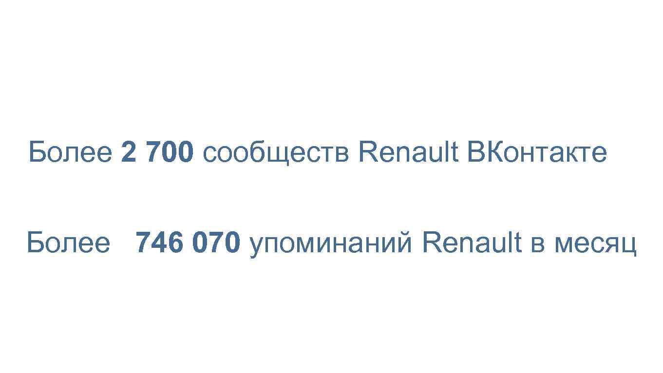 Более 2 700 сообществ Renault ВКонтакте Более 746 070 упоминаний Renault в месяц 