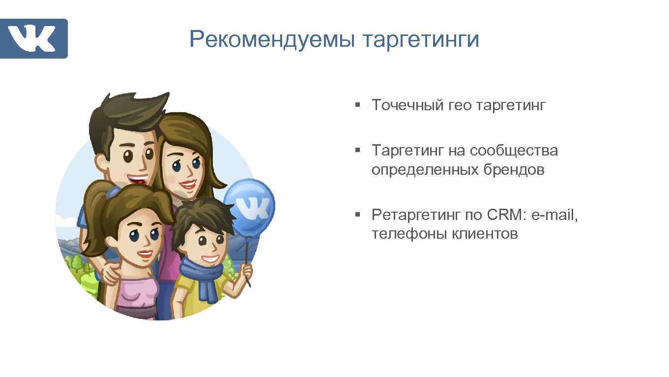 Рекомендуемы таргетинги § Точечный гео таргетинг § Таргетинг на сообщества определенных брендов § Ретаргетинг