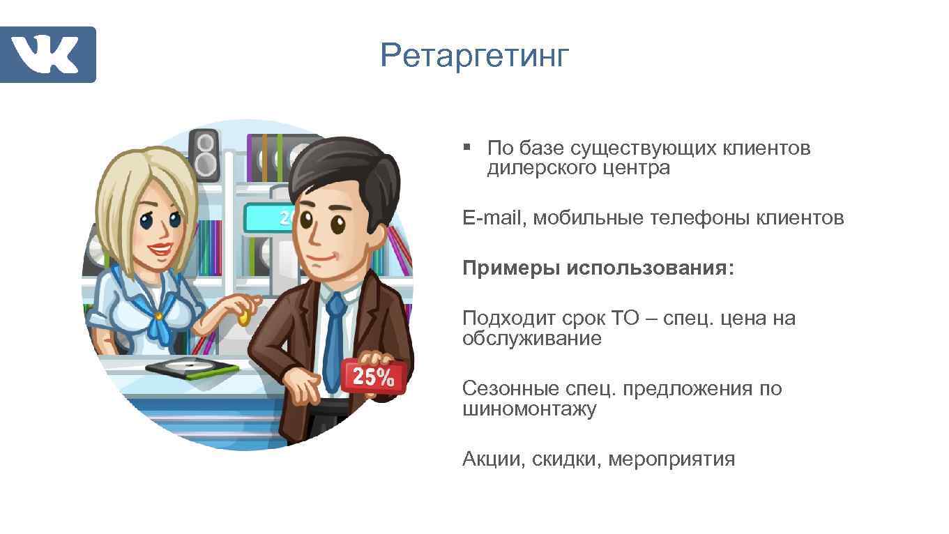 Ретаргетинг § По базе существующих клиентов дилерского центра E-mail, мобильные телефоны клиентов Примеры использования: