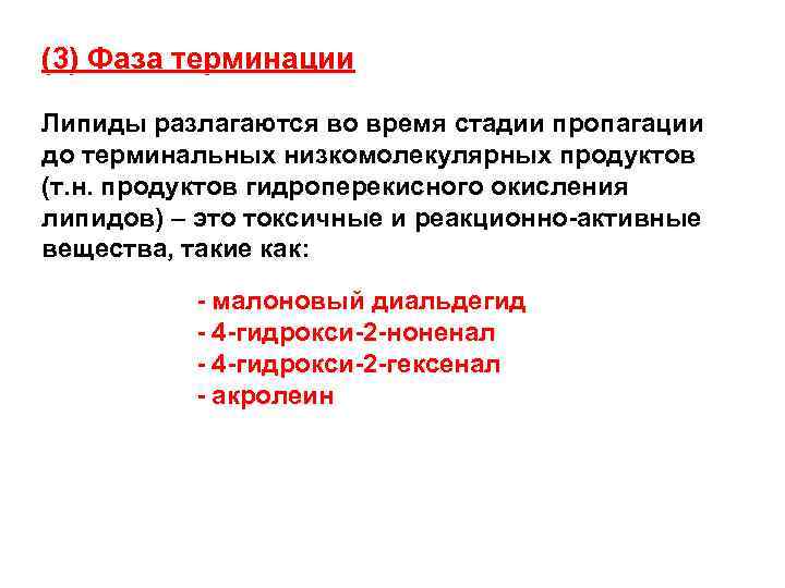 (3) Фаза терминации Липиды разлагаются во время стадии пропагации до терминальных низкомолекулярных продуктов (т.