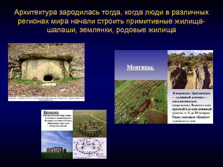 Архитектура зародилась тогда, когда люди в различных регионах мира начали строить примитивные жилищашалаши, землянки,
