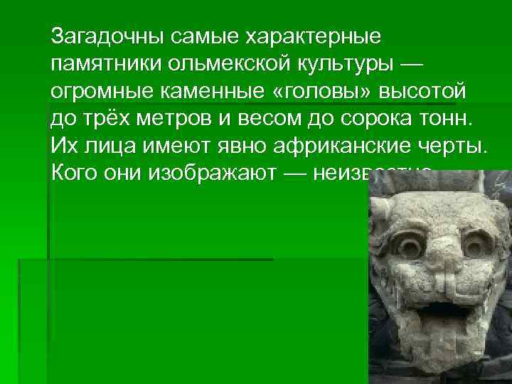  Загадочны самые характерные памятники ольмекской культуры — огромные каменные «головы» высотой до трёх