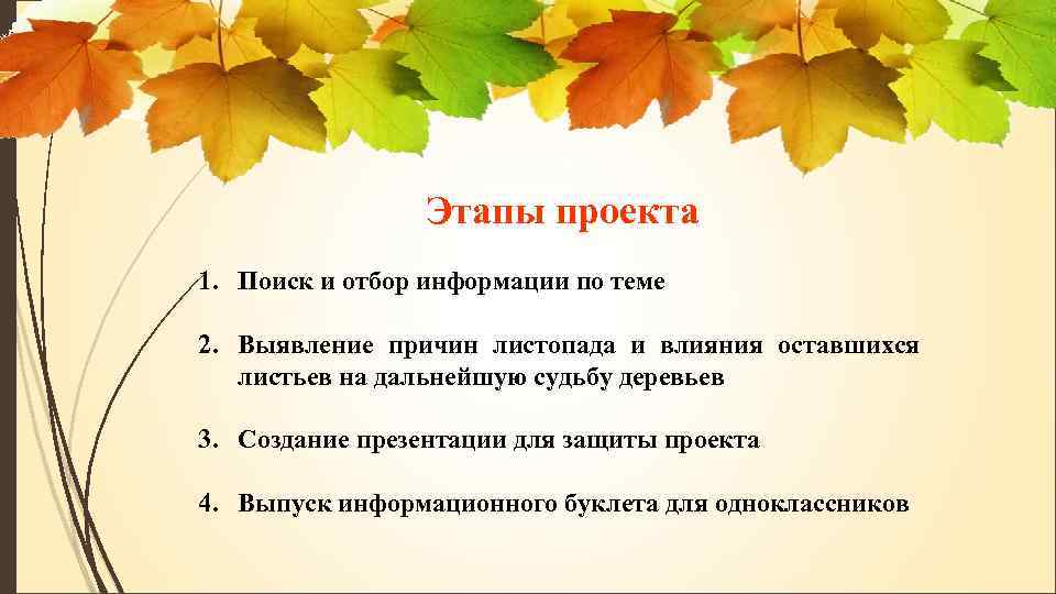 Этапы проекта 1. Поиск и отбор информации по теме 2. Выявление причин листопада и
