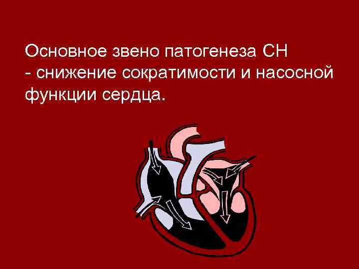 Основное звено патогенеза СН - снижение сократимости и насосной функции сердца. 