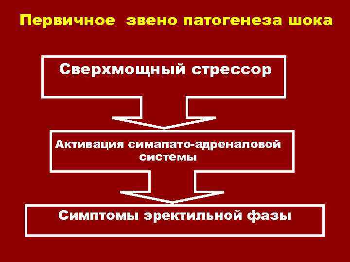 Первичное звено патогенеза шока Сверхмощный стрессор Активация симапато-адреналовой системы Симптомы эректильной фазы 