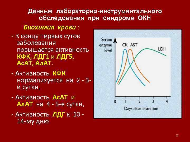Данные лабораторно-инструментального обследования при синдроме ОКН Биохимия крови : - К концу первых суток