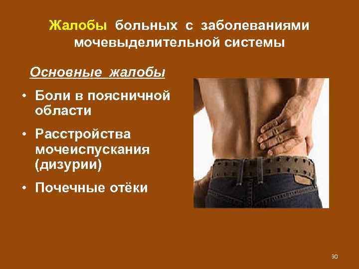 Жалобы больных с заболеваниями мочевыделительной системы Основные жалобы • Боли в поясничной области •