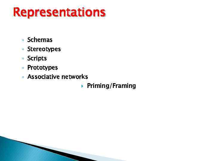 Representations ◦ Schemas ◦ Stereotypes ◦ Scripts ◦ Prototypes ◦ Associative networks Priming/Framing 